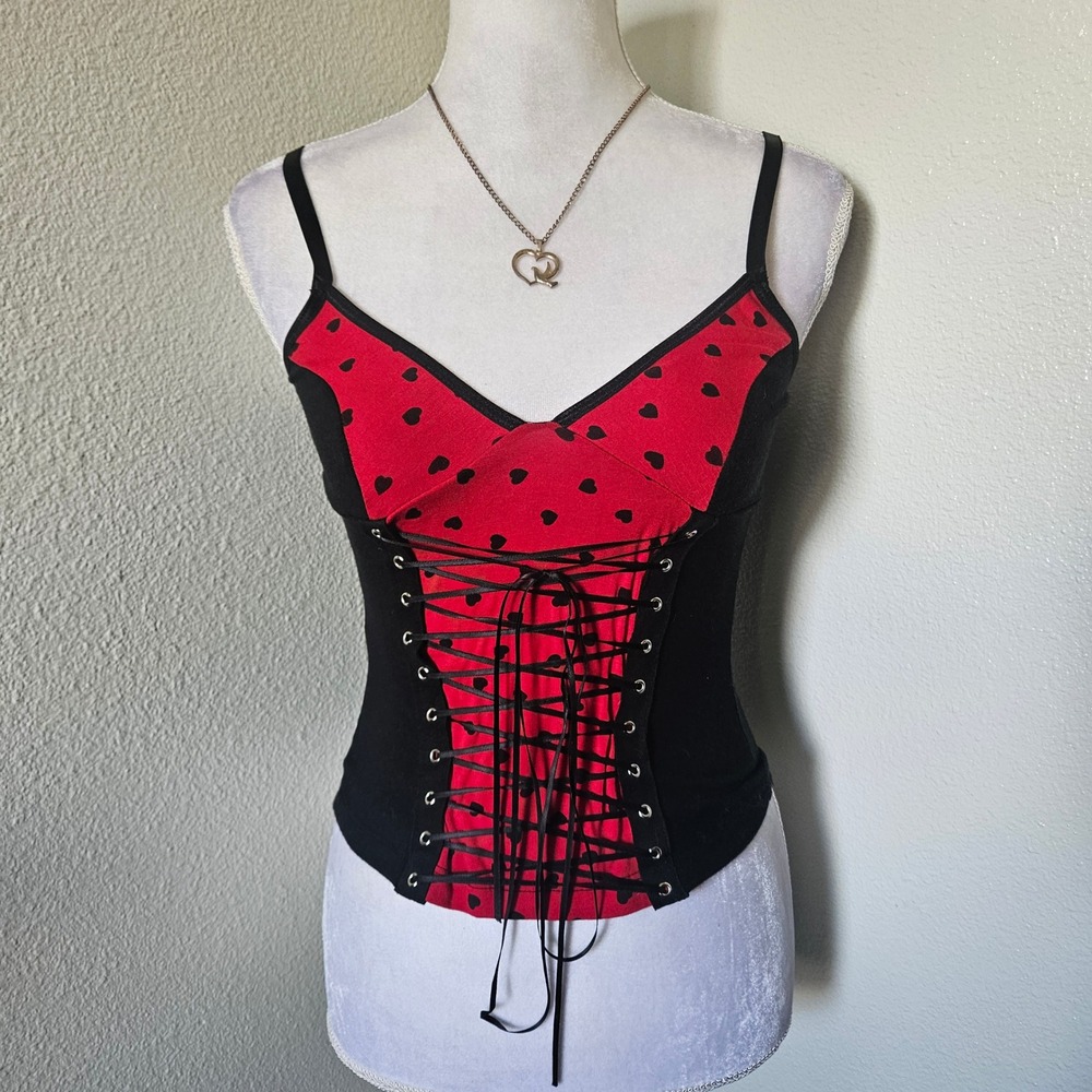 Royal Bones Red Black Heart Corset Lace Up Camisole Top - Picture 2 of 6